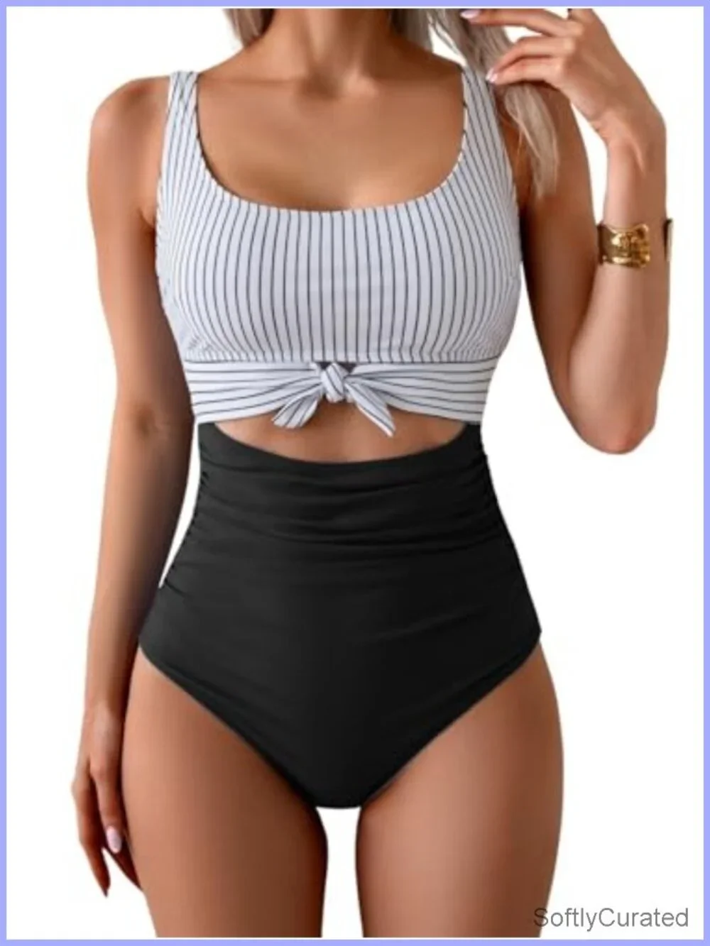 Tummy Control One Piece Swimsuit with Cutout Tie Knot - Padded Push-Up